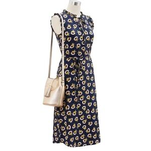 Boden‎ Lois Jersey Dress Floral Ruffle Neck Midi Tie Neck Navy Yellow Women's 4